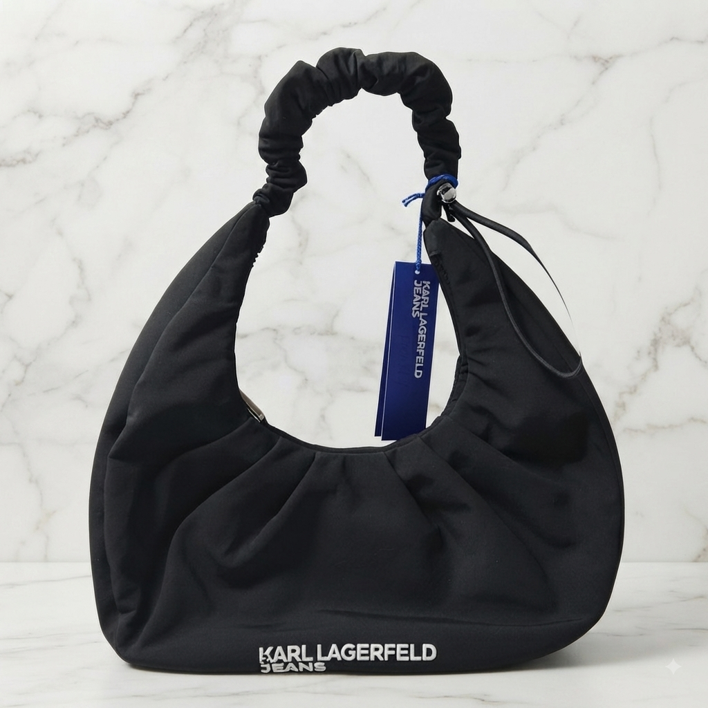Sac demi-lune Karl Lagerfeld Jeans, tissu noir texturé, anse froncée, neuf avec étiquette