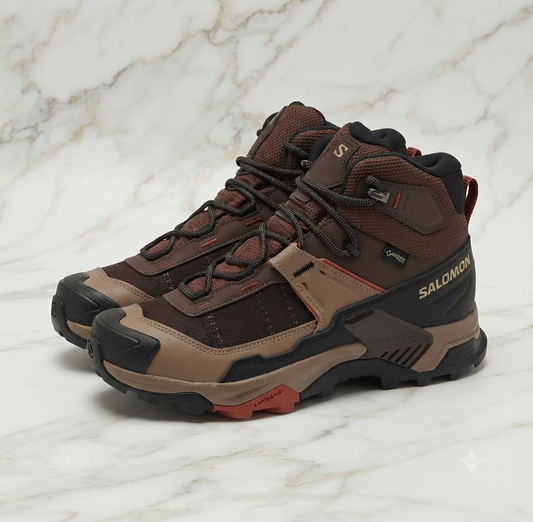 Chaussure de randonnée montante Salomon X Ultra 5 Mid GTX, coloris marron chocolat et orange, imperméable GORE-TEX, pointure 44