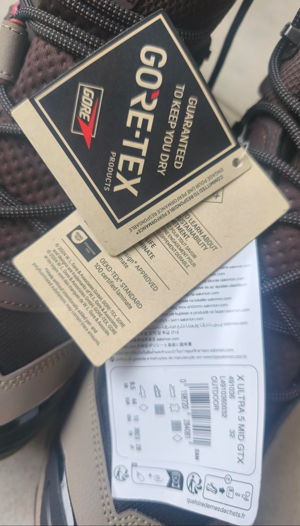 Chaussure de randonnée montante Salomon X Ultra 5 Mid GTX, coloris marron chocolat et orange, imperméable GORE-TEX, pointure 44