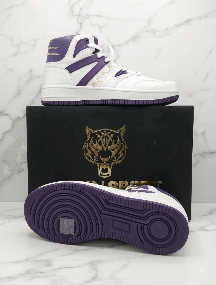 Baskets montantes Philipp Plein Sport, blanc et violet, logo doré, pointure 40