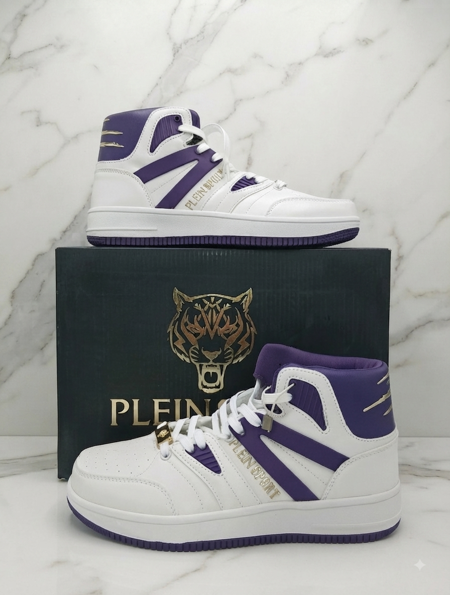 Baskets montantes Philipp Plein Sport, blanc et violet, logo doré, pointure 40