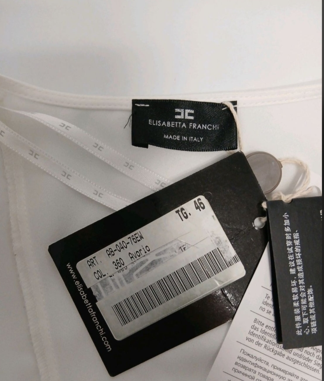 Étiquette Elisabetta Franchi, taille 46, référence AB-040-76EW, coloris Avorio