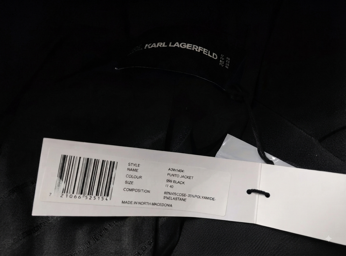Étiquette intérieure Karl Lagerfeld Punto Jacket, taille IT 40, composition 60% viscose 35% polyamide 5% élasthanne