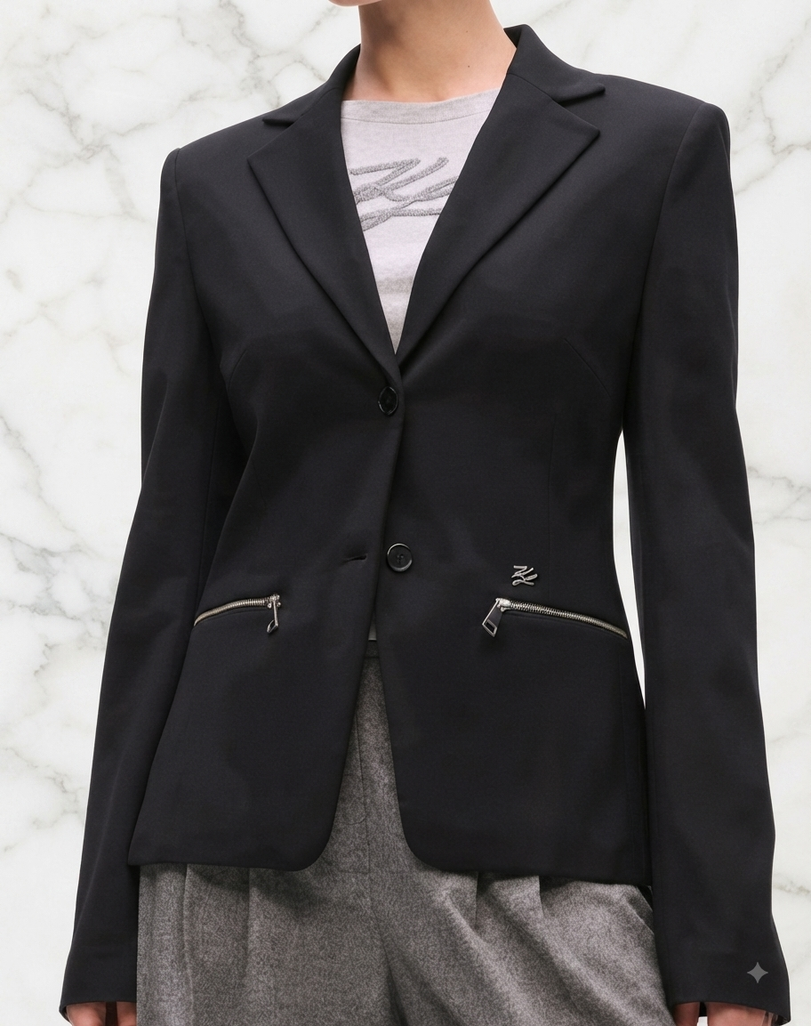 Blazer noir Karl Lagerfeld porté, vue de face, boutonné, poches zippées