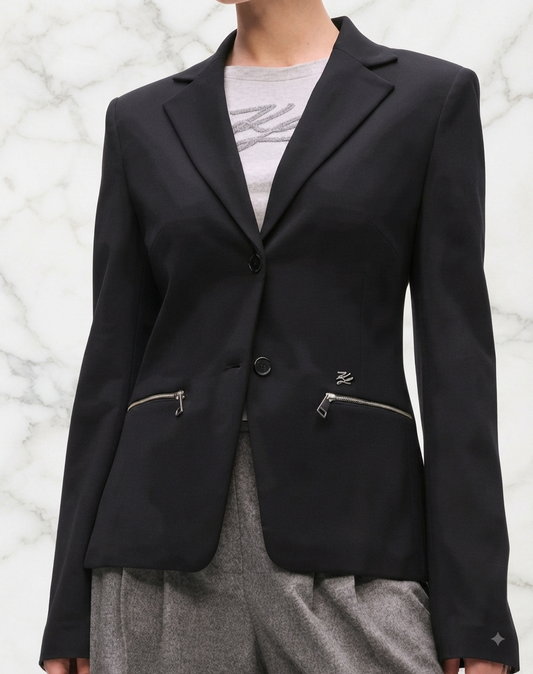 Blazer noir Karl Lagerfeld porté, vue de face, boutonné, poches zippées